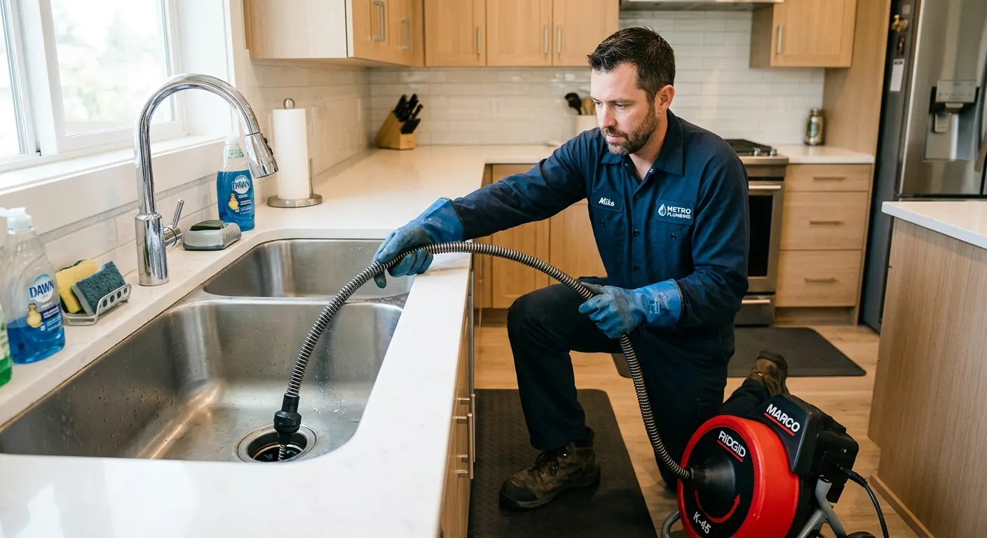 Drain cleaning technician using a motorized snake on a kitchen sink in Wrentham