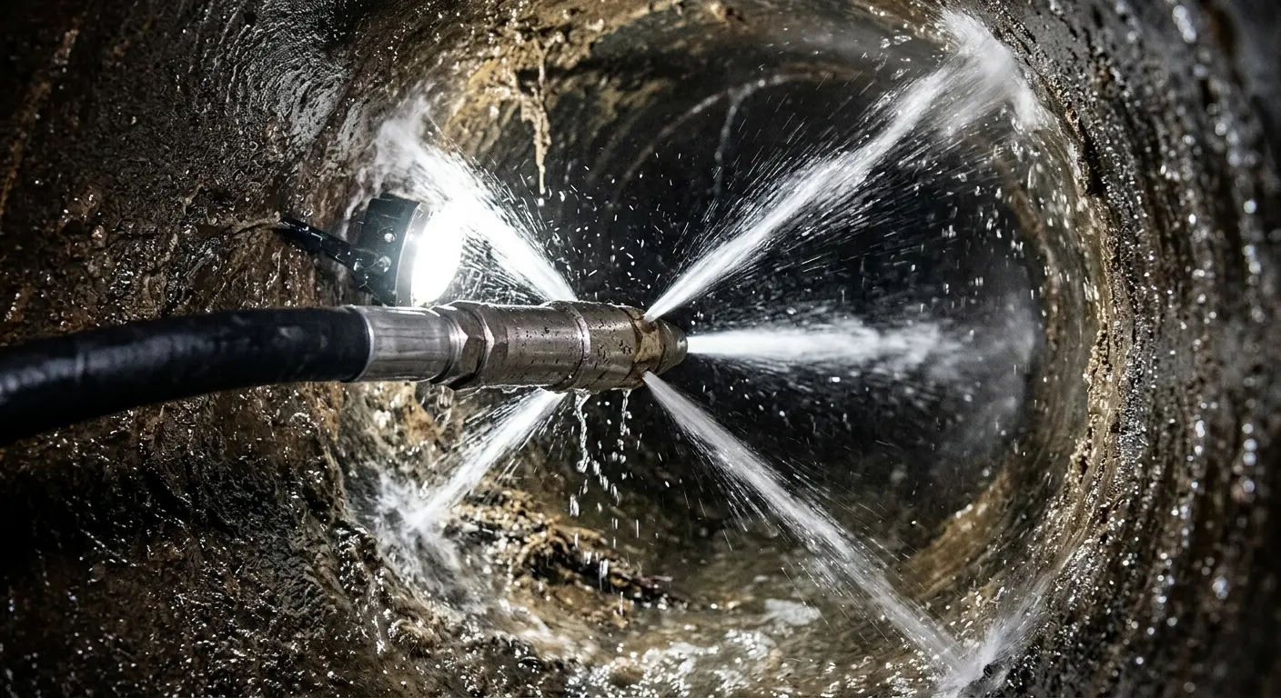 High-pressure hydro jetting nozzle cleaning sewer pipe for Trenchless Sewer Repair in Wrentham