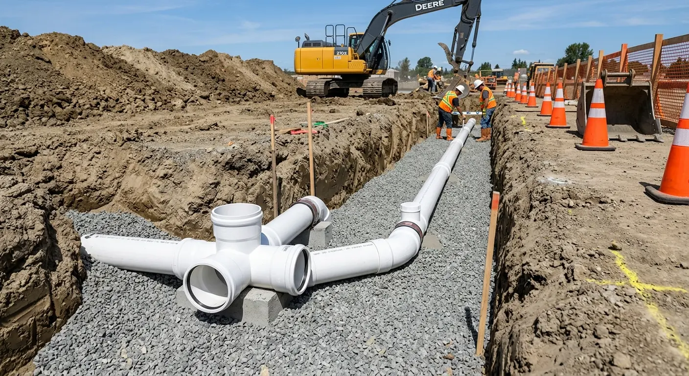 New PVC sewer pipe installation in open trench for Commercial Drain Cleaning in Wrentham