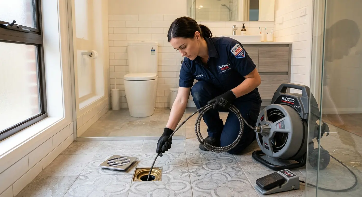 Technician clearing a bathroom floor drain for Clogged Drain Repair in Wrentham